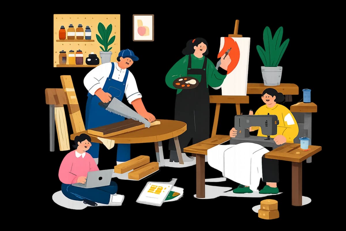 木工・絵付け・縫製・パソコン作業と、それぞれの制作に取り組む人たちのイラスト