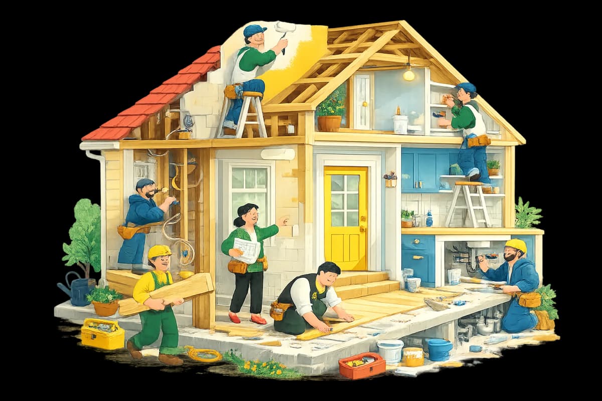 屋根の塗装、内装、キッチンの取り付けなど、戸建てをリノベーションする職人たちのイラスト